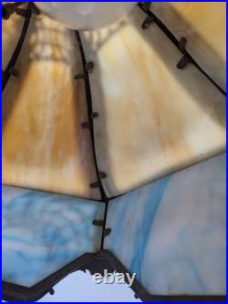 Read VTG Slag Glass Electric Metal Lamp Caramel & Blue 2 Tone 28 Tall