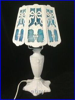 Refurbished Antique Boudoir Table Lamp With Slag Glass Shade-Blue #2601