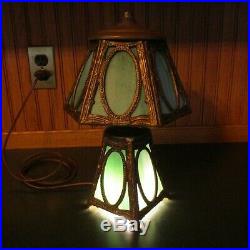 Restored Antique Green Slag Glass Gilt Lead Pewter Lamp Arts & Crafts, Mission