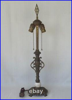 Rewired Antique 26 Art Deco Cast Iron Table Lamp Finial Brown Slag Glass FX324