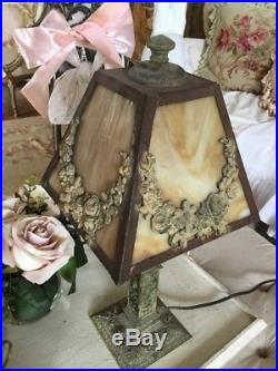 SHABBY ANTIQUE VTG Barbola Rose Swag Slag Glass Victorian Boudoir Lamp OLD