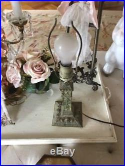 SHABBY ANTIQUE VTG Barbola Rose Swag Slag Glass Victorian Boudoir Lamp OLD