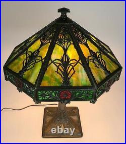 SIGNED BRADLEY & HUBBARD ARTS & CRAFTS SLAG GLASS LAMP c1905 ANTIQUE NOUVEAU