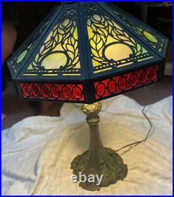 SLAG GLASS LAMP 8 PANEL WITH Decorative BASE VINTAGE/ANTIQUE Heavy Art Deco
