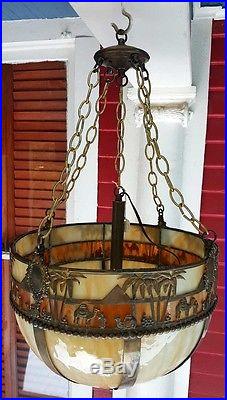 Stained Slag Glass Dome Ceiling Lamp Camel Desert Palm Pyramid Bronze Elements