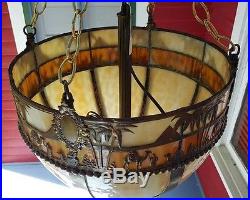 Stained Slag Glass Dome Ceiling Lamp Camel Desert Palm Pyramid Bronze Elements