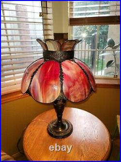 STUNNING Antique Art Nouveau Stained Slag Glass 8 Panel Table Lamp BOWS & ROSE