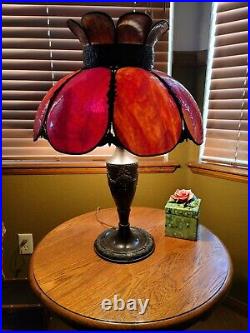 STUNNING Antique Art Nouveau Stained Slag Glass 8 Panel Table Lamp BOWS & ROSE