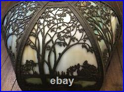 STUNNING Antique Arts Crafts Curved Slag Glass Ornate Scenic 6 Panel Lamp Shade