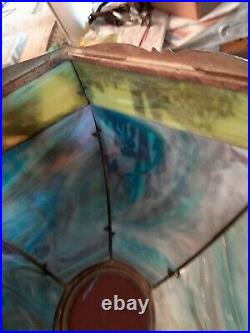 STUNNING Antique Arts Crafts Slanted Slag Glass Ornate Scenic 6 Panel Lamp Shade