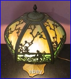 Salem Brothers Antique Slag Glass Lamp Japanese Theme 1910-1920 Working