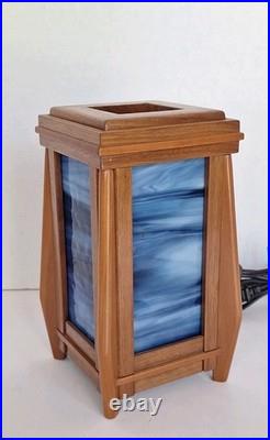 Sankora Studios Junior Luminary Blue Slag Glass Lamp Walnut Wood 7.5
