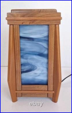 Sankora Studios Junior Luminary Blue Slag Glass Lamp Walnut Wood 7.5