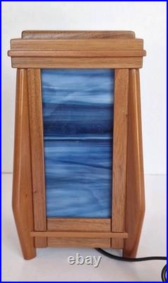 Sankora Studios Junior Luminary Blue Slag Glass Lamp Walnut Wood 7.5