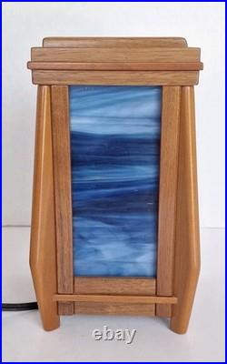Sankora Studios Junior Luminary Blue Slag Glass Lamp Walnut Wood 7.5
