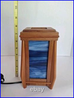 Sankora Studios Junior Luminary Blue Slag Glass Lamp Walnut Wood 7.5