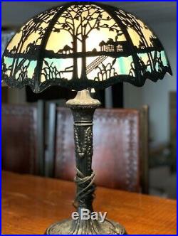 Scenic Antique Slag Glass Panel Lamp