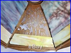 Scenic LAMP SHADE 12 panel SLAG GLASS antique FILIGREE overlay 1 glass missing