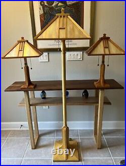 Set Of 3 Dale Tiffany Vintage Arts & Crafts Lamps, Slag Glass/Solid Wood