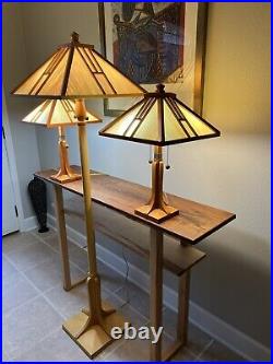 Set Of 3 Dale Tiffany Vintage Arts & Crafts Lamps, Slag Glass/Solid Wood