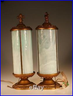 Set of 2 Vintage French White Slag Glass Cylinder Lamps Fleur de Lys Finial 1935