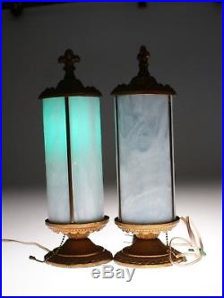 Set of 2 Vintage French White Slag Glass Cylinder Lamps Fleur de Lys Finial 1935