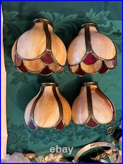 Set of 4 Carmel & Red Kokomo Slag Glass Bent Panel Lamp Shades Handel Era