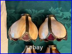 Set of 4 Carmel & Red Kokomo Slag Glass Bent Panel Lamp Shades Handel Era