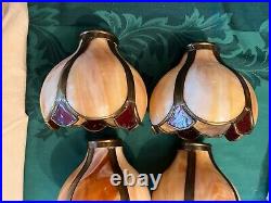 Set of 4 Carmel & Red Kokomo Slag Glass Bent Panel Lamp Shades Handel Era