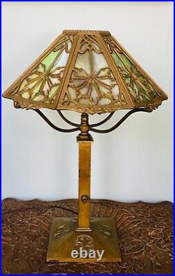 Signed Antique Bradley & Hubbard Arts & Crafts Era Slag Glass Lamp Metal Overlay