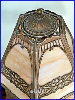Signed Antique Edward Miller Arts & Crafts Era Slag Glass Lamp Metal Overlay