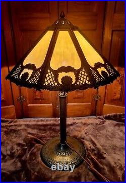 Signed Antique Slag Glass Bradley and Hubbard Table Lamp