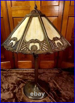 Signed Antique Slag Glass Bradley and Hubbard Table Lamp