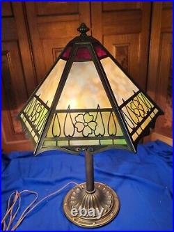 Signed Bradley and Hubbard 18 Panel Slag Glass Lamp