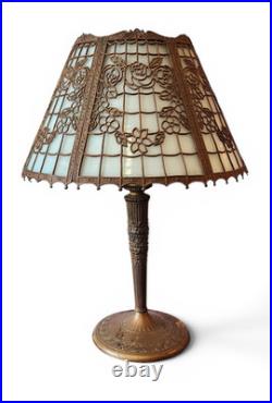 Signed Edward Miller Art Nouveau Style Slag Glass 6 Panel Table Lamp, c1920s