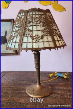 Signed Edward Miller Art Nouveau Style Slag Glass 6 Panel Table Lamp, c1920s