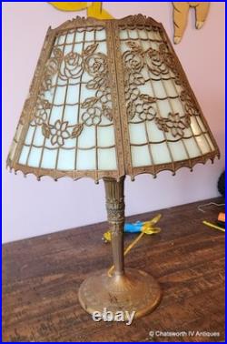 Signed Edward Miller Art Nouveau Style Slag Glass 6 Panel Table Lamp, c1920s
