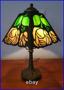 Signed J A Whaley Slag Glass Overlay Floral Boudoir Accent Lamp Handel Era