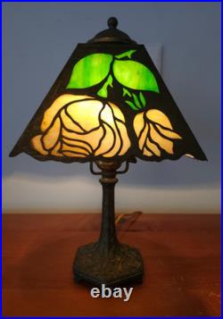 Signed J A Whaley Slag Glass Overlay Floral Boudoir Accent Lamp Handel Era
