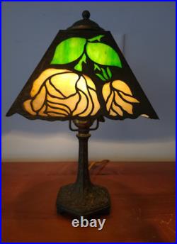 Signed J A Whaley Slag Glass Overlay Floral Boudoir Accent Lamp Handel Era