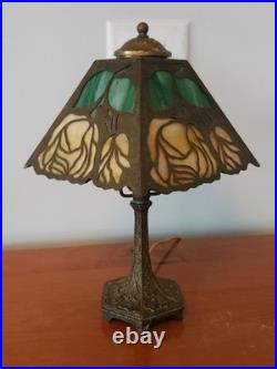 Signed J A Whaley Slag Glass Overlay Floral Boudoir Accent Lamp Handel Era Signed J A Whaley Slag Glass Overlay Floral Boudoir Accent Lamp Handel Era