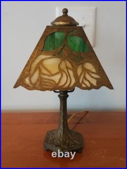 Signed J A Whaley Slag Glass Overlay Floral Boudoir Accent Lamp Handel Era