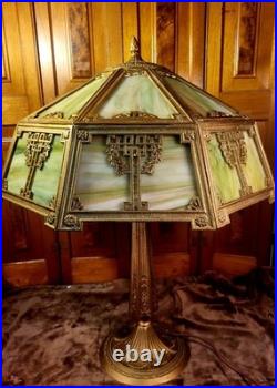 Signed Miller Antique 16 Panel Slag Glass Table Lamp