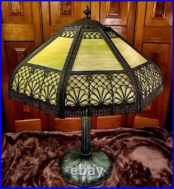 Signed Miller Antique Slag Glass Table Lamp Ornate Filigree