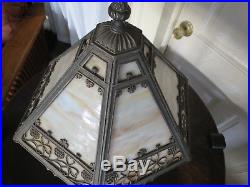 Signed Miller Lamp Co. Antique Slag Glass Ornate 6 Panel Bradley Hubbard Handel
