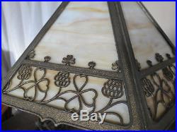 Signed Miller Lamp Co. Antique Slag Glass Ornate 6 Panel Bradley Hubbard Handel