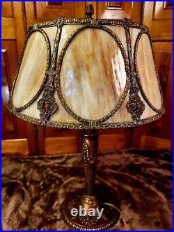 Signed Miller Slag Glass Seven Panel Drum Lamp