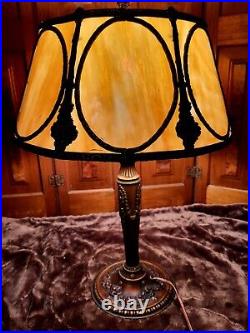 Signed Miller Slag Glass Seven Panel Drum Lamp