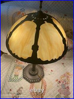 Signed Original Antique Bradley & Hubbard Slag Glass & Cast Iron 3-Bulb Lamp
