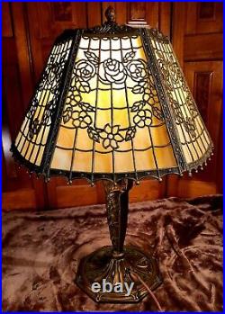 Signed Pittsburgh Slag Glass Table Lamp Flower Basket Filigree